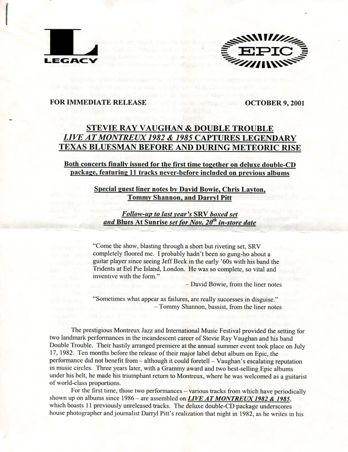 Live at Montreux Press Release