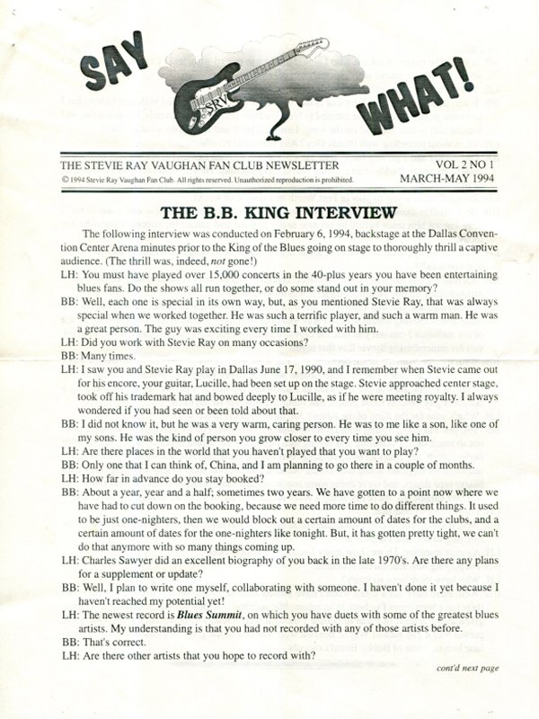 Stevie Ray Vaughan Fan Club Newsletter