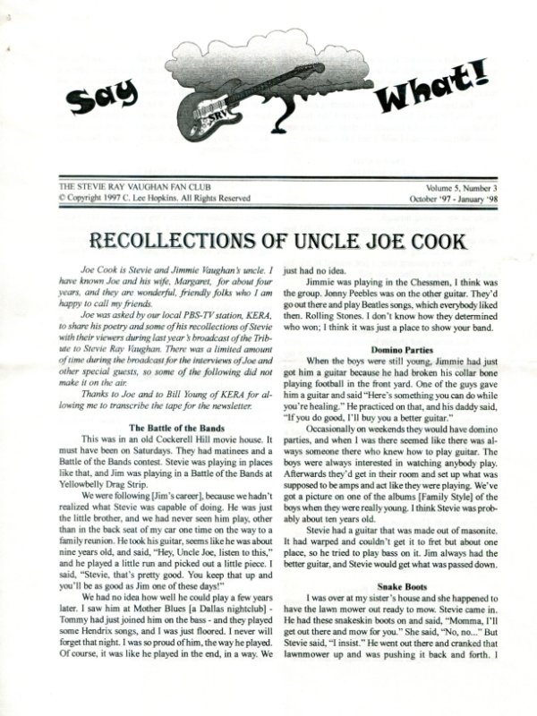 Stevie Ray Vaughan Fan Club Newsletter
