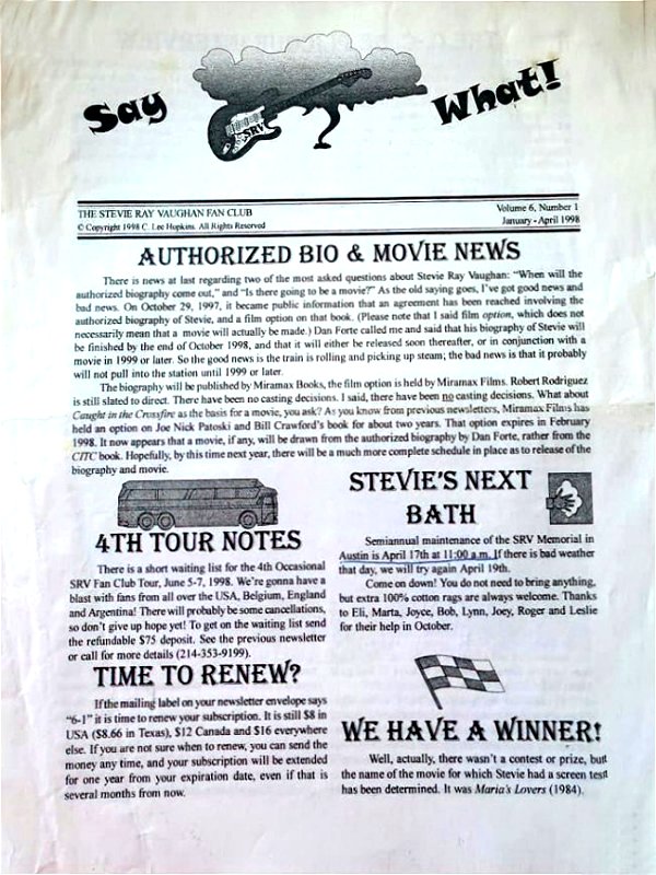 Stevie Ray Vaughan Fan Club Newsletter